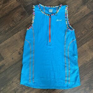 ZOOT Women's L Mesh Tri Top Tank Blue Shirt Singlet Triathlon 2 Back Pockets Zip